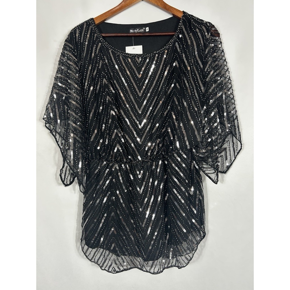 Women's Black / Silver Sequin Tunic Top Size M Holiday Cocktail Party Glam Disco
